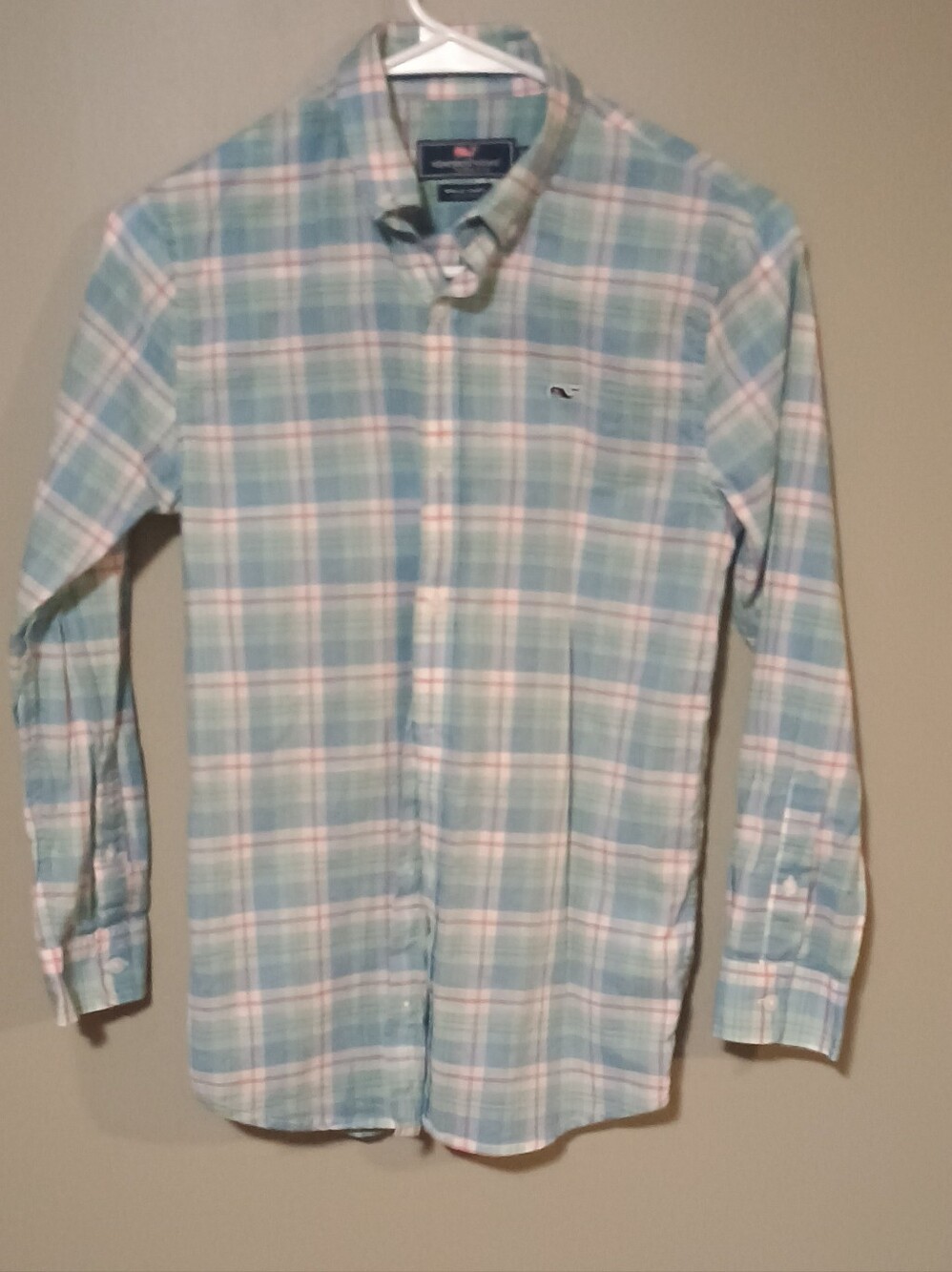 Vineyard Vines Boy's Classic Plaid Whale Shirt - Pastel Blue/Pink Size M (12-14)